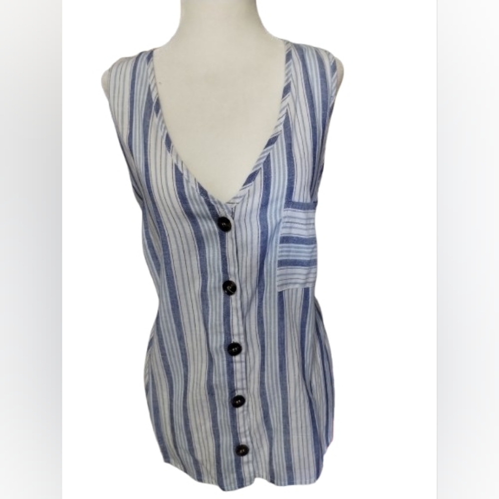 NWT Rewind Linen Button V-neck Tank Top Fresh Blue Women's  MSRP$36